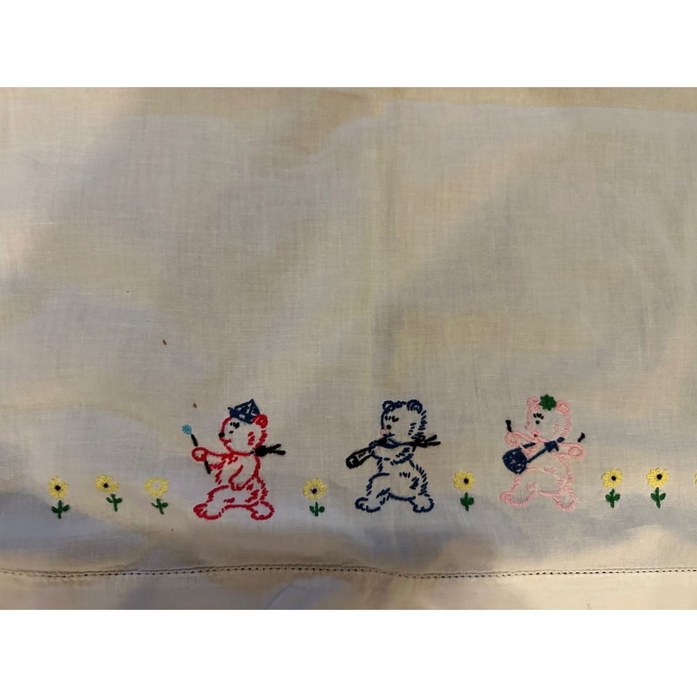 Vintage Hand Embroidered Baby Crib Flat Sheet –Bear Band Parade 31"x28‎